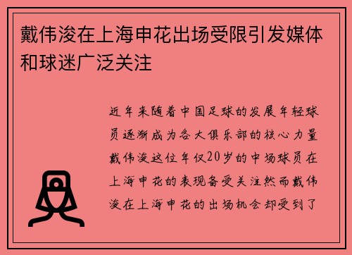 戴伟浚在上海申花出场受限引发媒体和球迷广泛关注