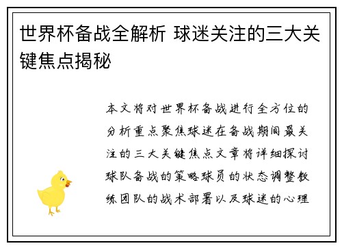 世界杯备战全解析 球迷关注的三大关键焦点揭秘 世界杯备战全解析 球迷关注的三大关键焦点揭秘